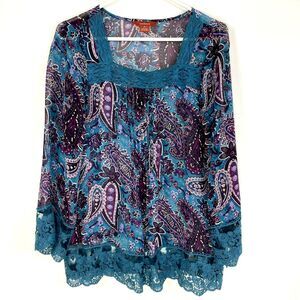 Sundance Top Tunic Size Medium Silk Reina Paisley Floral Teal Purple Lace Sheer